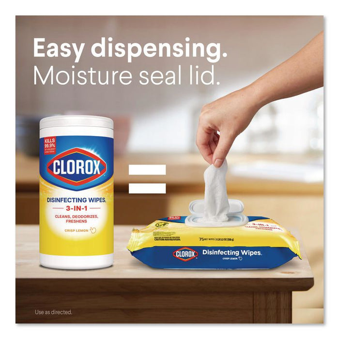 Disinfecting Cleaning Wipes, Flex Pack, 1-Ply, 8 x 7, Lemon Scent, White, 75 Towels/Box