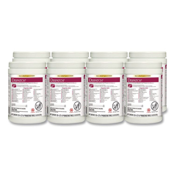 Dispatch Hospital Cleaner Disinfectant Towels w/Bleach, 1-Ply, 6.75 x 8, Unscented, White, 150/Canister, 8 Canisters/Carton