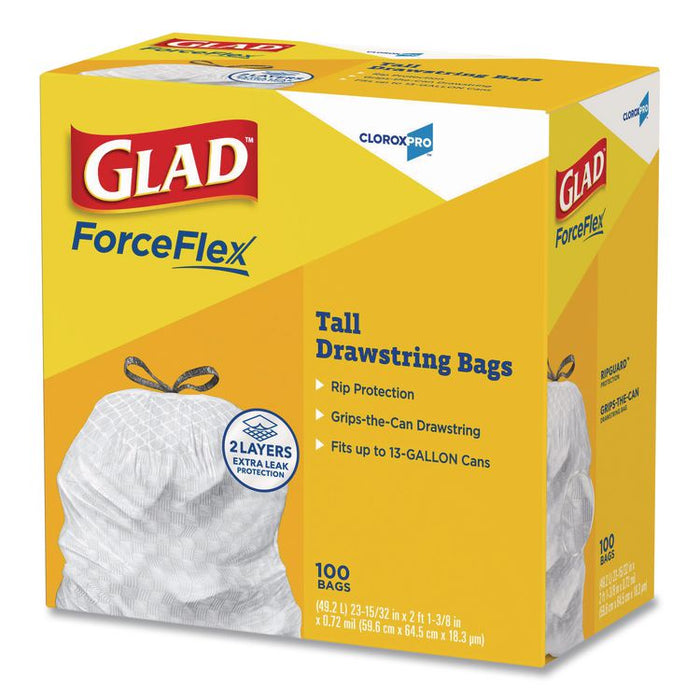 CloroxPro ForceFlex Tall Kitchen Drawstring Trash Bags, 13 gal, 24 x 27.38, Gray, 100 Bags/Box, 4 Boxes/Carton