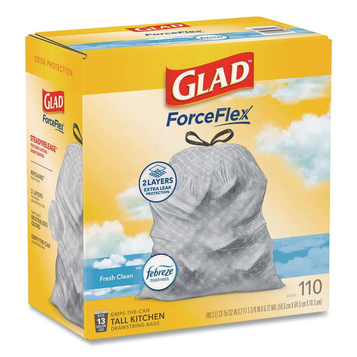 ForceFlex Tall Kitchen Drawstring Trash Bags, Drawstring, 13 gal, Fresh Clean Scent, 10.19 x 9.81, Gray, 110/Roll, 3/Carton