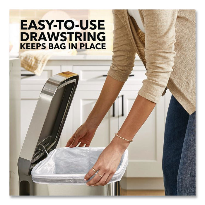 Tall Kitchen Drawstring Trash Bags with LeakGuard, 13 gal, Unscented, 23.47" x 25.38", White, 120/Box