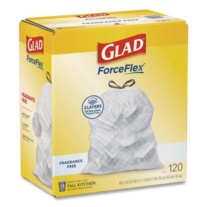 Tall Kitchen Drawstring Trash Bags with LeakGuard, 13 gal, Unscented, 23.47" x 25.38", White, 120/Box