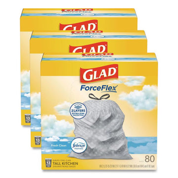 Glad ForceFlex Tall Kitchen Drawstring Trash Bags - Fresh Clean with Febreze Freshness - 13 gal Capacity - 0.72 mil (18 Micron) Thickness - Drawstring Closure - White - Kitchen, Garbage, Home, Breakroom, Cafeteria, Restaurant, Commercial/ - 80 / Box