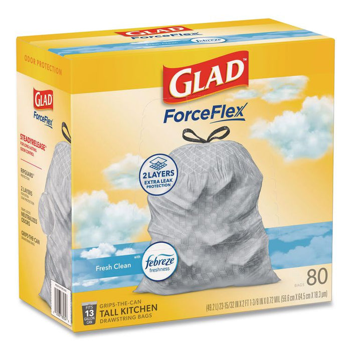 ForceFlex Kitchen Drawstring Trash Bags, 13 gal, Fresh Clean with Febreze Freshness, 24 x 27.38, White, 80/Box