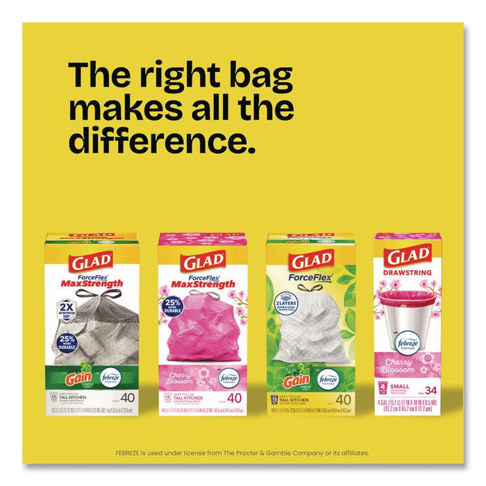 ForceFlex Kitchen Drawstring Trash Bags, 13 gal, Gain Original Scent, 24" x 27.38", White, 80 Bags/Box, 3 Boxes/Carton