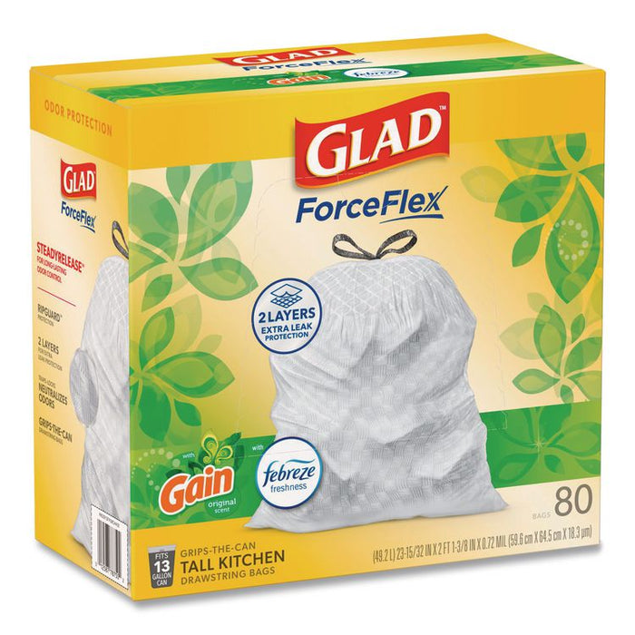 ForceFlex Kitchen Drawstring Trash Bags, 13 gal, Gain Original Scent, 24" x 27.38", White, 80 Bags/Box, 3 Boxes/Carton