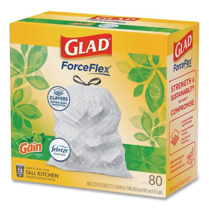 ForceFlex Kitchen Drawstring Trash Bags, 13 gal, Gain Original Scent, 24" x 27.38", White, 80 Bags/Box, 3 Boxes/Carton