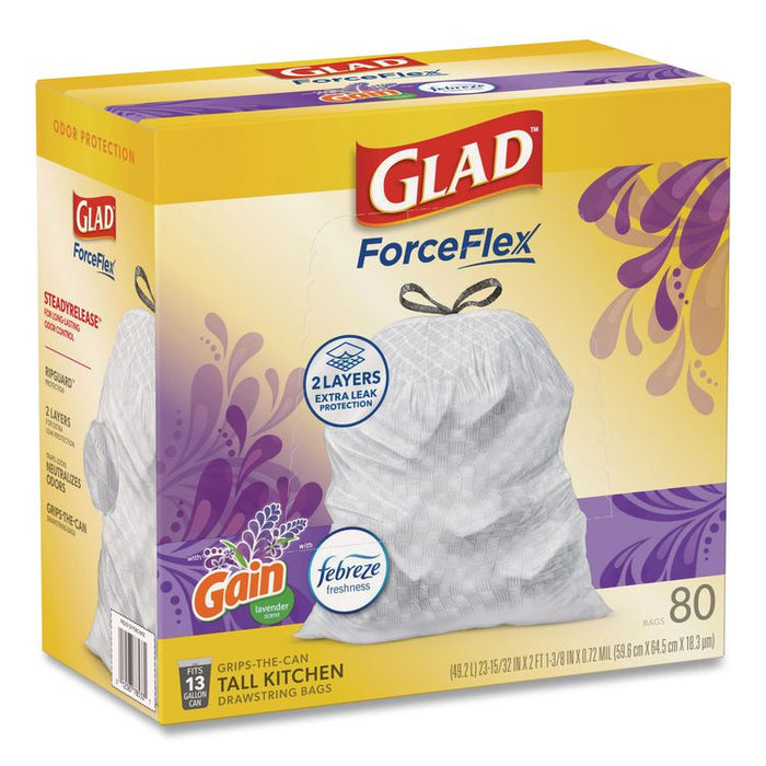 ForceFlex Kitchen Drawstring Trash Bags, 13 gal, Gain Lavender Scent, 24 x 27.38, White, 80 Bags/Box, 3 Boxes/Carton