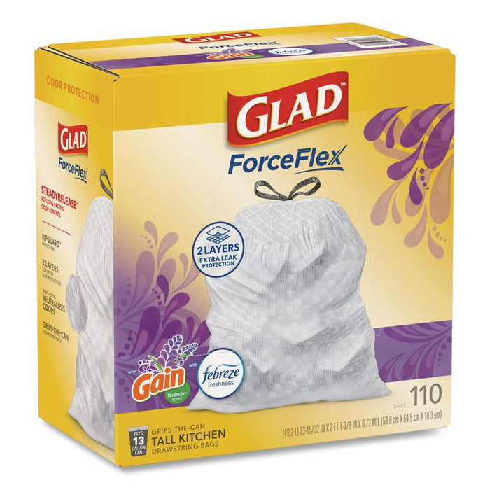 ForceFlex Tall Kitchen Drawstring Trash Bags, 13 gal, Gain Lavender with Febreze Freshness, 10.18 x 9.81, White, 110/Box