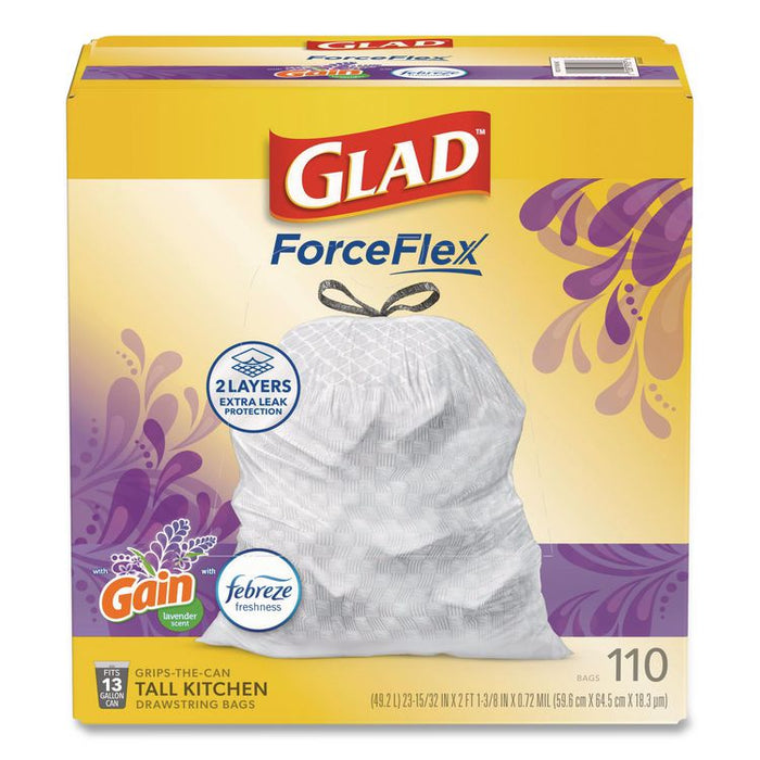 ForceFlex Tall Kitchen Drawstring Trash Bags, 13 gal, Gain Lavender with Febreze Freshness, 10.18 x 9.81, White, 110/Box