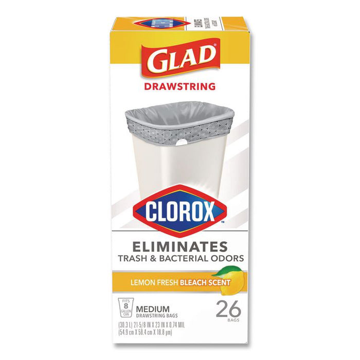 Medium Drawstring Trash Bags with Clorox, 8 gal, Lemon Fresh Bleach Scent, 0.74 mil, 23" x 21.63", Gray, 26/Box