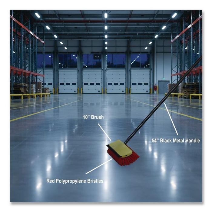 Bi-Level Floor Scrub Brush, Red Polypropylene Bristles, 10" Brush, 54" Black Metal Handle, 6/Carton