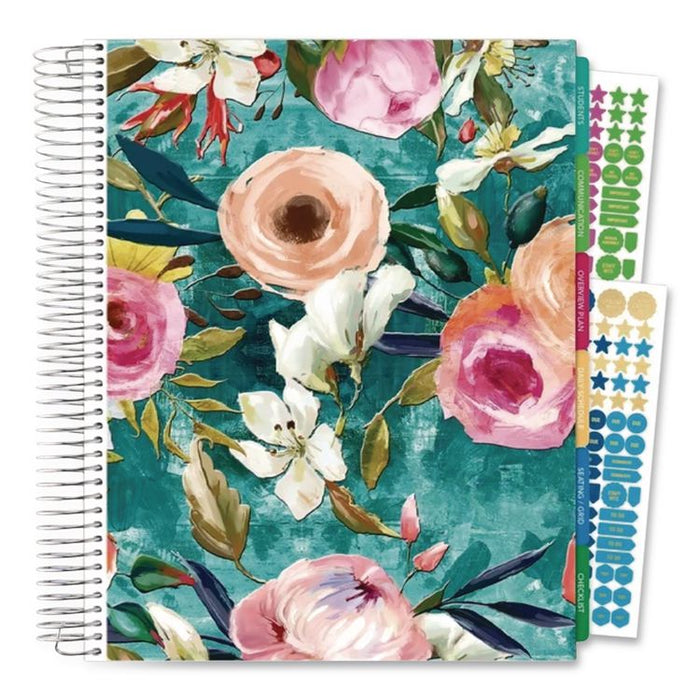 Deluxe Teal Floral Weekly/Monthly Lesson Planner, 7 Classes, Multicolor Cover, 11 x 8.5, 13-Month: Aug 2025 to Aug 2026