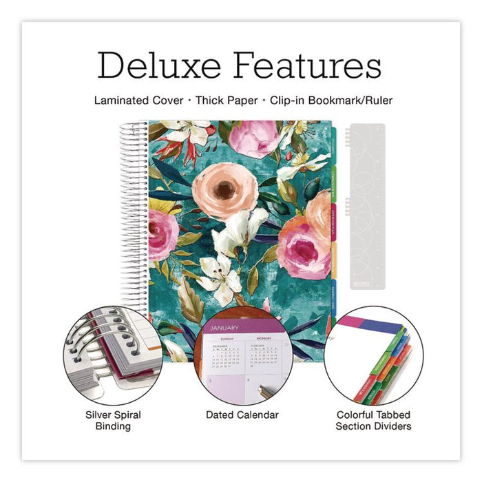 Deluxe Teal Floral Weekly/Monthly Lesson Planner, 7 Classes, Multicolor Cover, 11 x 8.5, 13-Month: Aug 2025 to Aug 2026