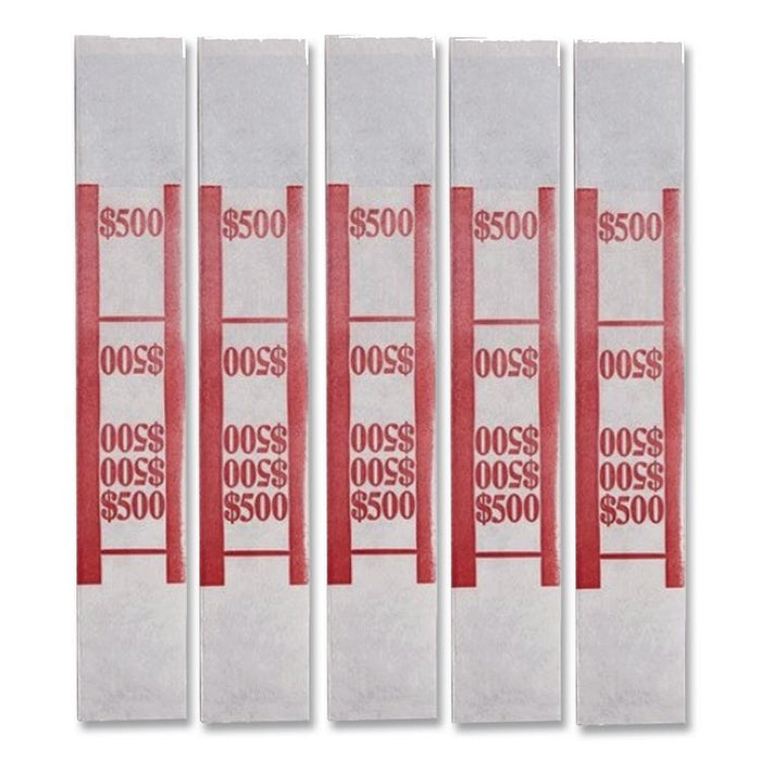 Color-Coded Kraft Currency Straps, Self-Adhesive, Fives, $500 Strap, Red/White, 1,000/Pack