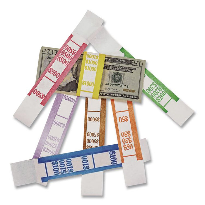 Color-Coded Kraft Currency Straps, Self-Adhesive, Fives, $500 Strap, Red/White, 1,000/Pack