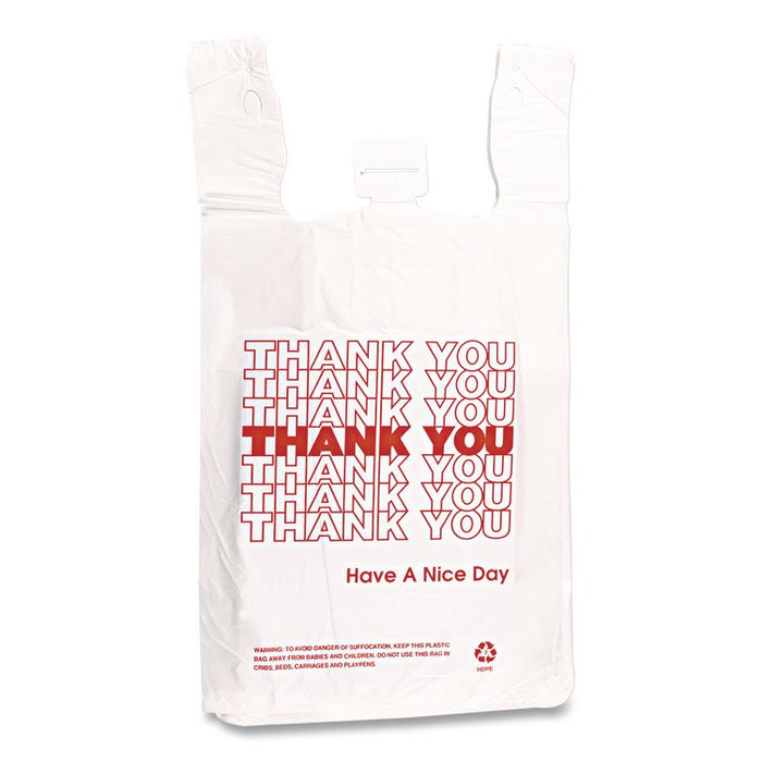 "Thank You" Handled T-Shirt Bag, Have a Nice Day Labeling, Cut-Out Handles, 11.5" x 6.5" x 21", White/Red, 900/Carton