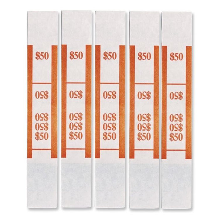 Color-Coded Kraft Currency Straps, Self-Adhesive, Ones, $50 Strap, Orange/White, 1,000/Pack