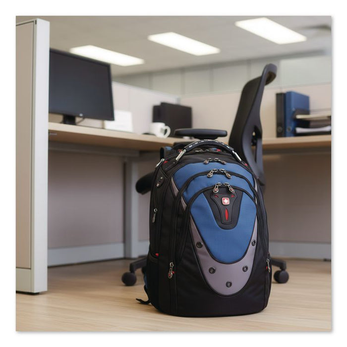 Ibex Laptop Backpack, Fits Devices Up to 17", Ballistic Polyester, 14.6 x 11 x 18.5, Black/Blue/Gray