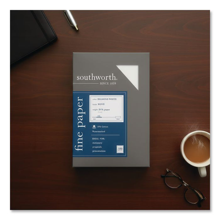 25% Cotton Diamond White Business Paper, 95 Bright, 20 lb Bond Weight, 8.5 x 11, 500/Ream