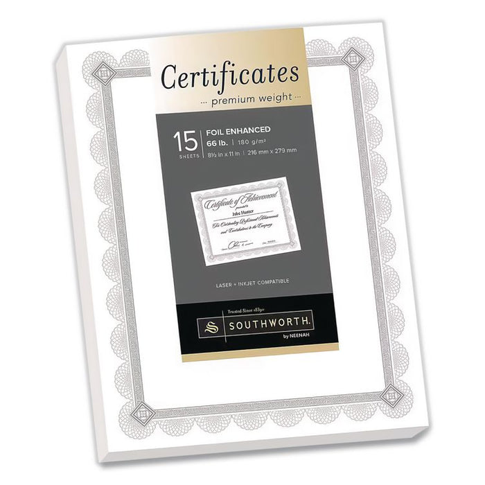 Premium Certificates, 8.5 x 11, White/Silver with Spiro Silver Foil Border,15/Pack
