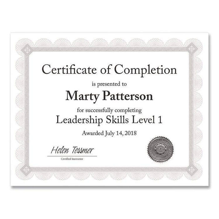 Premium Certificates, 8.5 x 11, White/Silver with Spiro Silver Foil Border,15/Pack