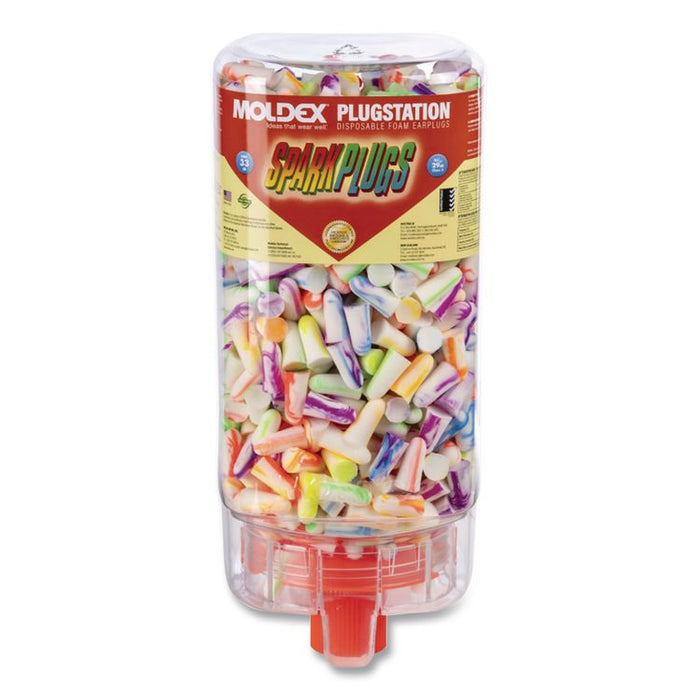 SparkPlugs Single-Use Earplugs with PlugStation Dispenser, 33 dB NRR, Randomly Assorted Color Bullet Plugs, 500 Pairs/Box