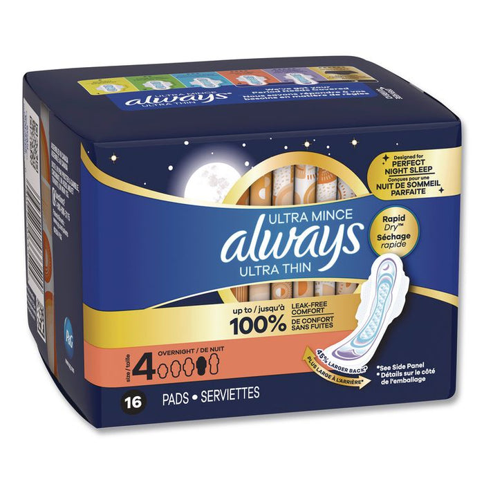 Ultra Thin Overnight Pads with Wings, Size 4, Overnight Absorbency, 16/Pack, 6 Packs/Carton
