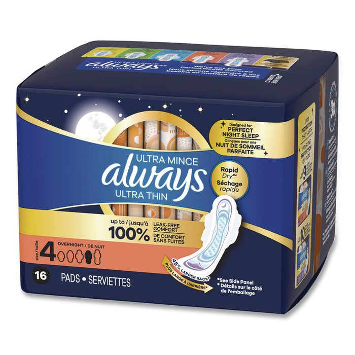 Ultra Thin Overnight Pads with Wings, Size 4, Overnight Absorbency, 16/Pack, 6 Packs/Carton