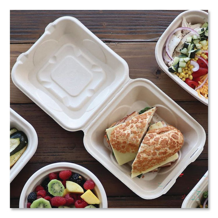 Fiber Hinged Takeout Containers, 8.2 x 8.8 x 2.9, Natural, Sugarcane Fiber, 300/Carton