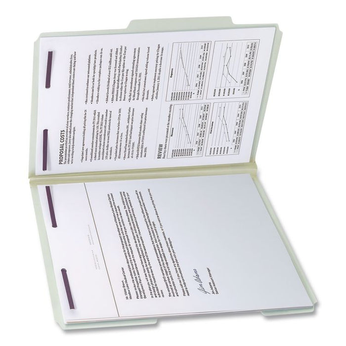 Recycled Pressboard Fastener Folders, 2/5-Cut Tab: Right, Expands 2", 2 SafeSHIELD Fasteners, Legal Size, Gray-Green, 25/Box