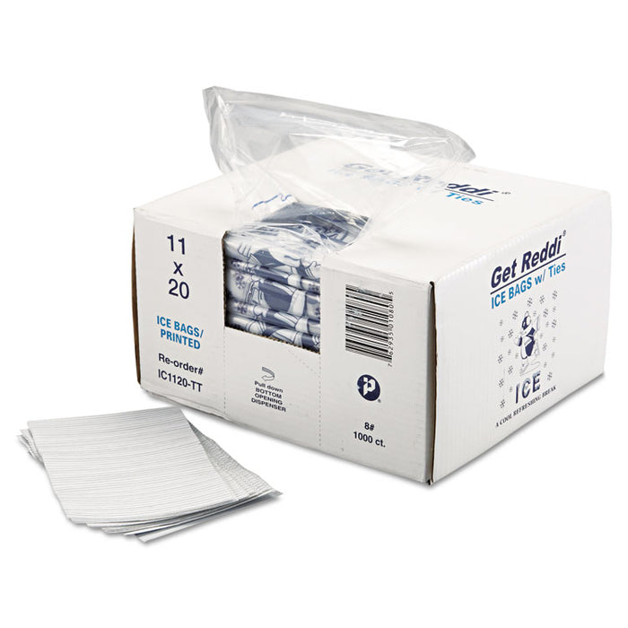 Ice Bags with Twist-Ties, Ice: Penguin Icon Labeling, 8 lb Capacity, 11" x 20", Clear, 1,000/Carton