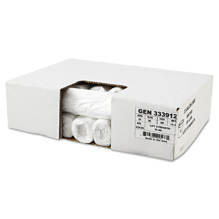 High-Density Can Liners, 33 gal, 9 mic, 33" x 39", Natural, Perforated Roll, 25 Bags/Roll, 20 Rolls/Carton