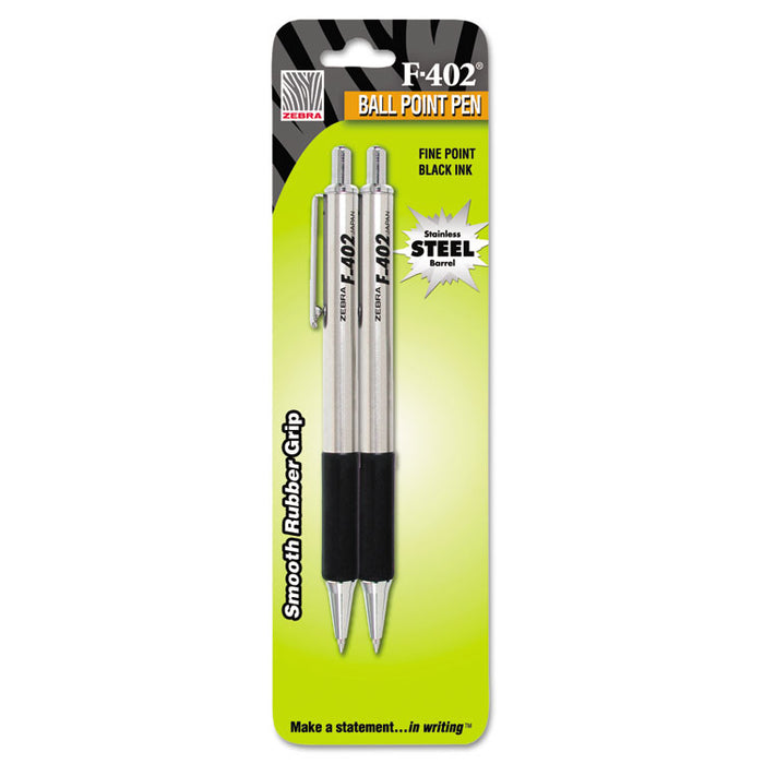 F-402 Ballpoint Pen, Retractable, Fine 0.7 mm, Black Ink, Stainless Steel/Black Barrel, 2/Pack