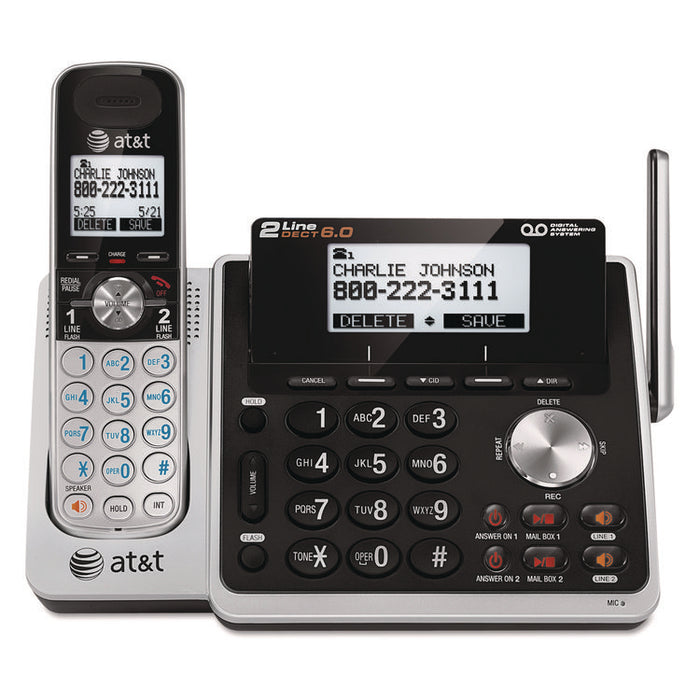 TL88102 Cordless Two-Line Digital Answering System, Base and Handset, Black/Silver