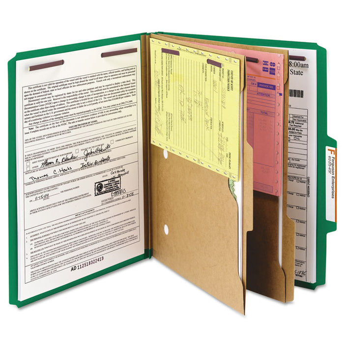 Pressboard Top Tab Pocket Classification Folders, Expands 2", 2 Dividers, 6 SafeSHIELD Fasteners, Letter Size, Green, 10/Box