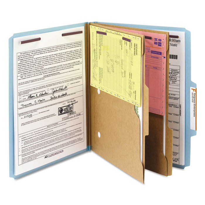 Pressboard Top Tab Pocket Classification Folders, Expands 2", 2 Dividers, 6 SafeSHIELD Fasteners, Letter Size, Blue, 10/Box