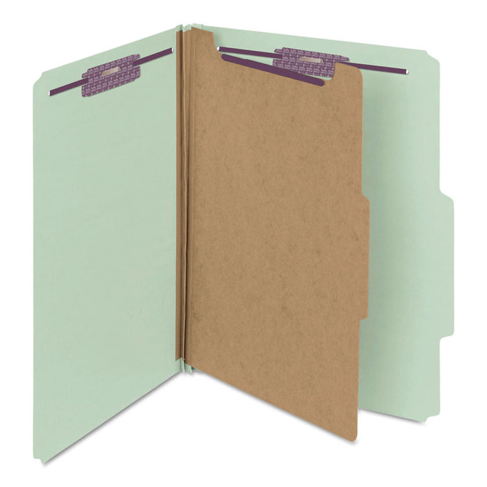 Pressboard Classification Folders, 2/5-Cut Tab, Expands 2", 1 Divider, 4 SafeSHIELD Fasteners, Letter Size, Gray-Green, 10/BX