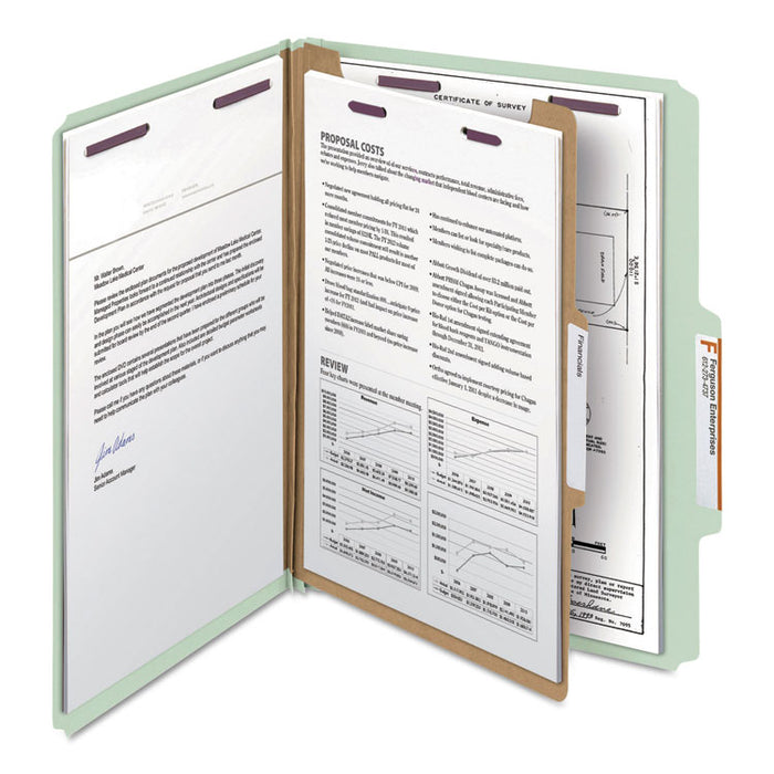 Pressboard Classification Folders, 2/5-Cut Tab, Expands 2", 1 Divider, 4 SafeSHIELD Fasteners, Letter Size, Gray-Green, 10/BX