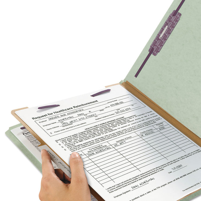 Pressboard Classification Folders, 2/5-Cut Tab, Expands 2", 1 Divider, 4 SafeSHIELD Fasteners, Letter Size, Gray-Green, 10/BX
