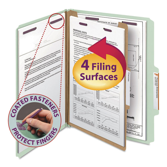 Pressboard Classification Folders, 2/5-Cut Tab, Expands 2", 1 Divider, 4 SafeSHIELD Fasteners, Letter Size, Gray-Green, 10/BX