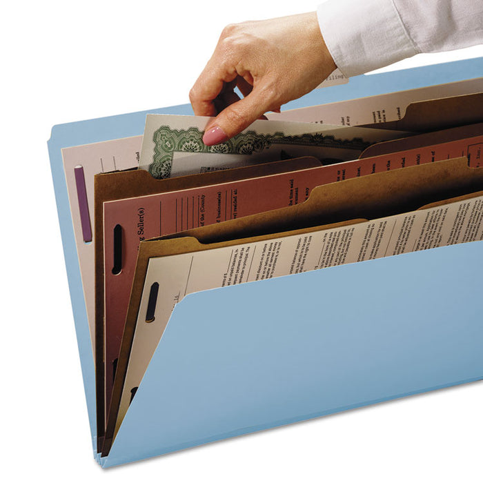 Pressboard Top Tab Pocket Classification Folders, Expands 2", 2 Dividers, 6 SafeSHIELD Fasteners, Letter Size, Blue, 10/Box