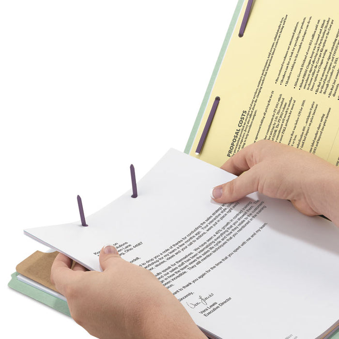Pressboard Classification Folders, 2/5-Cut Tab, Expands 2", 1 Divider, 4 SafeSHIELD Fasteners, Letter Size, Gray-Green, 10/BX