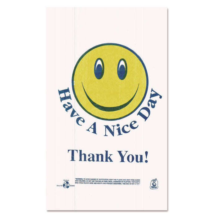 Smiley Face Shopping Bags, Thank You - Have a Nice Day Labeling, Cut-Out Handles, 11.5" x 6.5" x 21", White/Red, 900/Carton