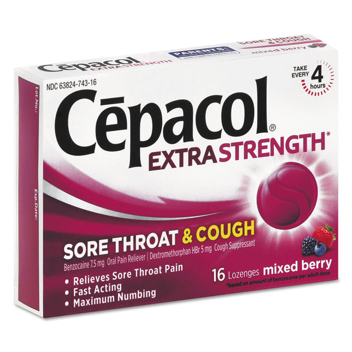 Extra Strength Sore Throat and Cough Lozenges, Mixed Berry, 16/Pack, 24 Packs/Carton