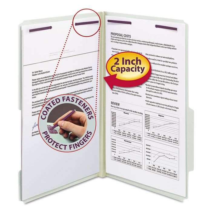 Recycled Pressboard Fastener Folders, 2/5 Tab: R of C, Expands 2", 2 SafeSHIELD Fasteners, Legal Size, Gray-Green, 25/Box