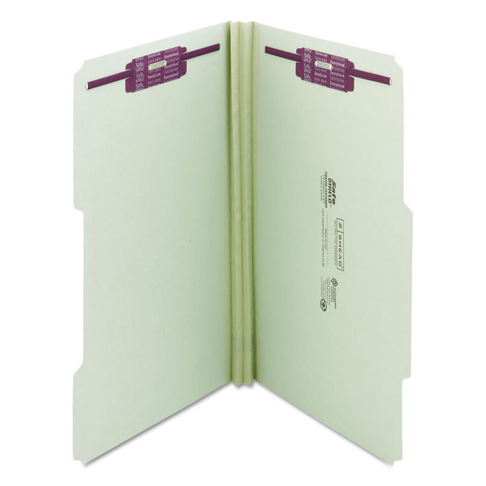Recycled Pressboard Fastener Folders, 2/5 Tab: R of C, Expands 2", 2 SafeSHIELD Fasteners, Legal Size, Gray-Green, 25/Box