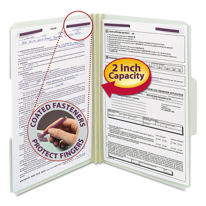 Recycled Pressboard Fastener Folders, 1/3 Tab: Assorted, Expands 2", 2 SafeSHIELD Fasteners, Legal Size, Gray-Green, 25/Box