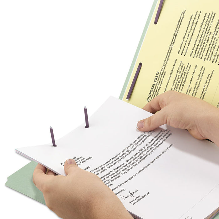 Recycled Pressboard Fastener Folders, 2/5 Tab: R of C, Expands 2", 2 SafeSHIELD Fasteners, Legal Size, Gray-Green, 25/Box