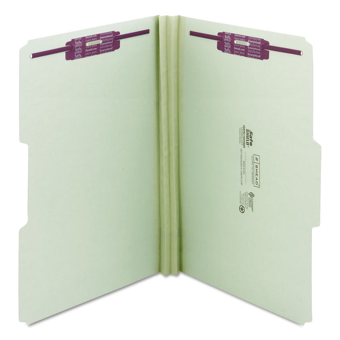 Recycled Pressboard Fastener Folders, 1/3 Tab: Assorted, Expands 2", 2 SafeSHIELD Fasteners, Legal Size, Gray-Green, 25/Box
